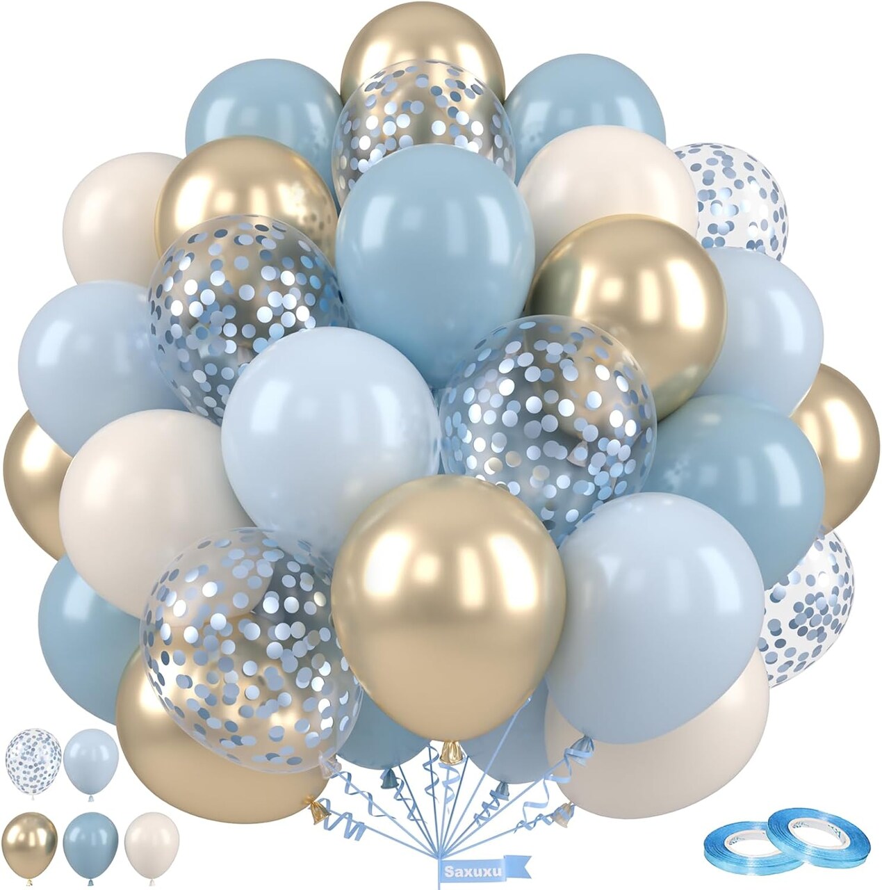 Dusty Blue & Gold Balloons – 12-Inch Latex Balloons with Retro Fog Blue, Metallic Gold, White Confetti, Perfect for Weddings, Baby Showers, Gender Reveals, and Birthday Parties